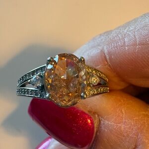 Oval Peach Crystal Halo Ring in Silver-Tone